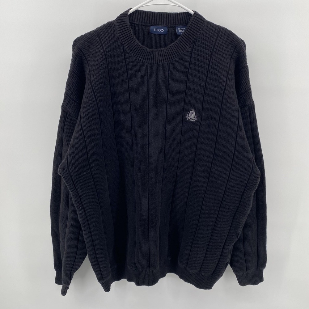 IZOD Sweater Mens XL Black‎ 100% Cotton Crewneck Vertical Rib Knit Pullover Logo